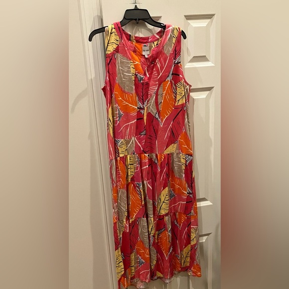 NIC + ZOE Feather Leaves Sleeveless Linen Blend MIDI Dress (Large) - Picture 7 of 9